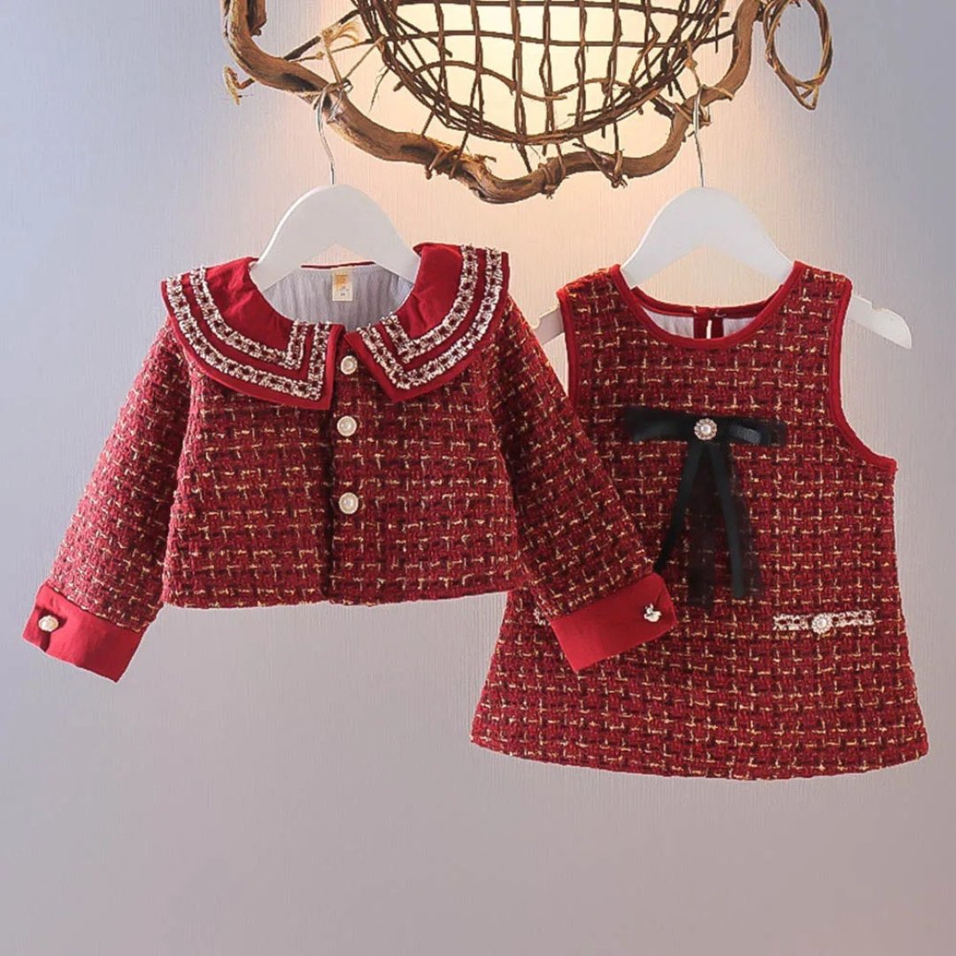 Conjunto Infantil Casaco e Vestido em Xadrez Tweed para Meninas - Varialle
