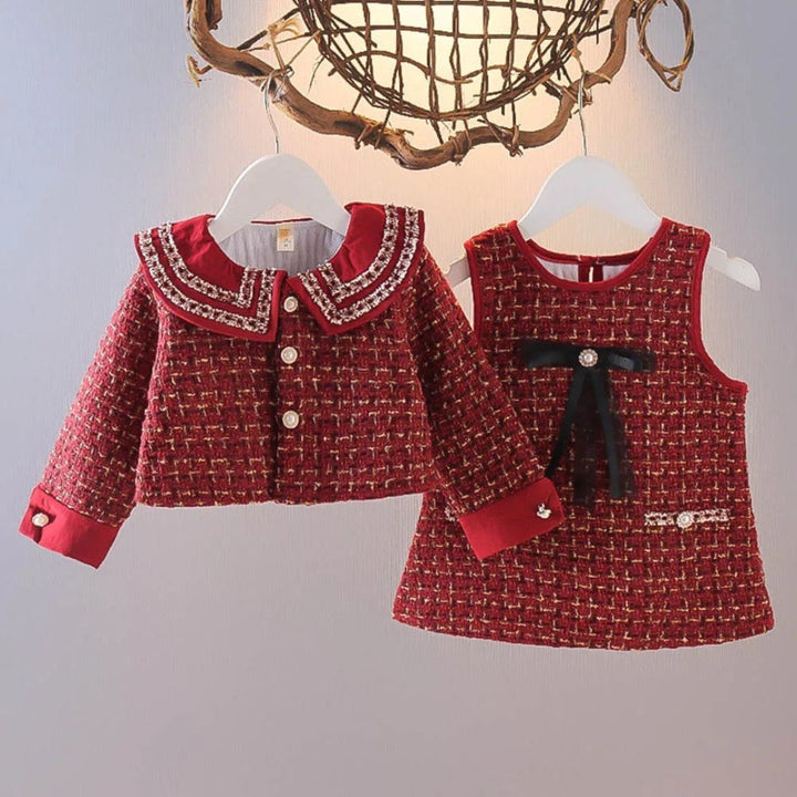 Conjunto Infantil Casaco e Vestido em Xadrez Tweed para Meninas - Varialle