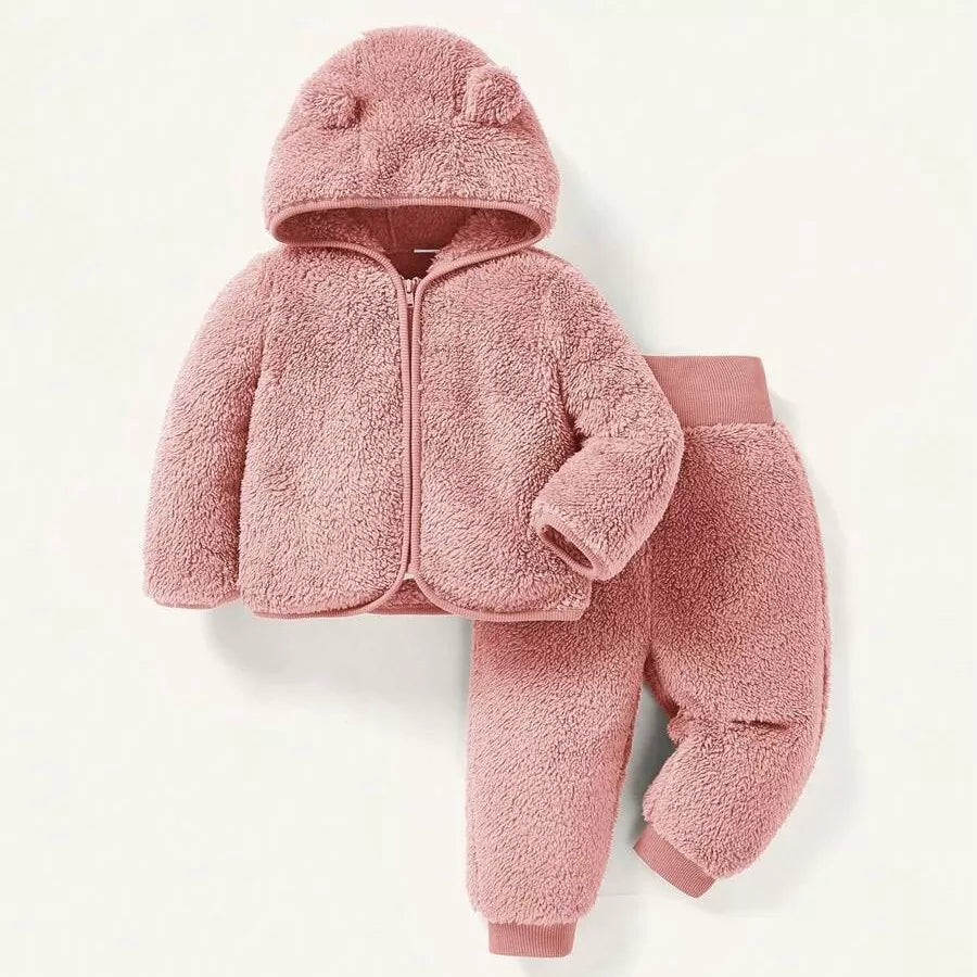 Conjunto Infantil Feminino Peluciado com Capuz e Orelhinhas 0M a 3A