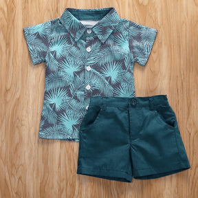 Conjunto Infantil Masculino de Verão Camisa com Estampa de Folhas e Shorts Lisos - Varialle