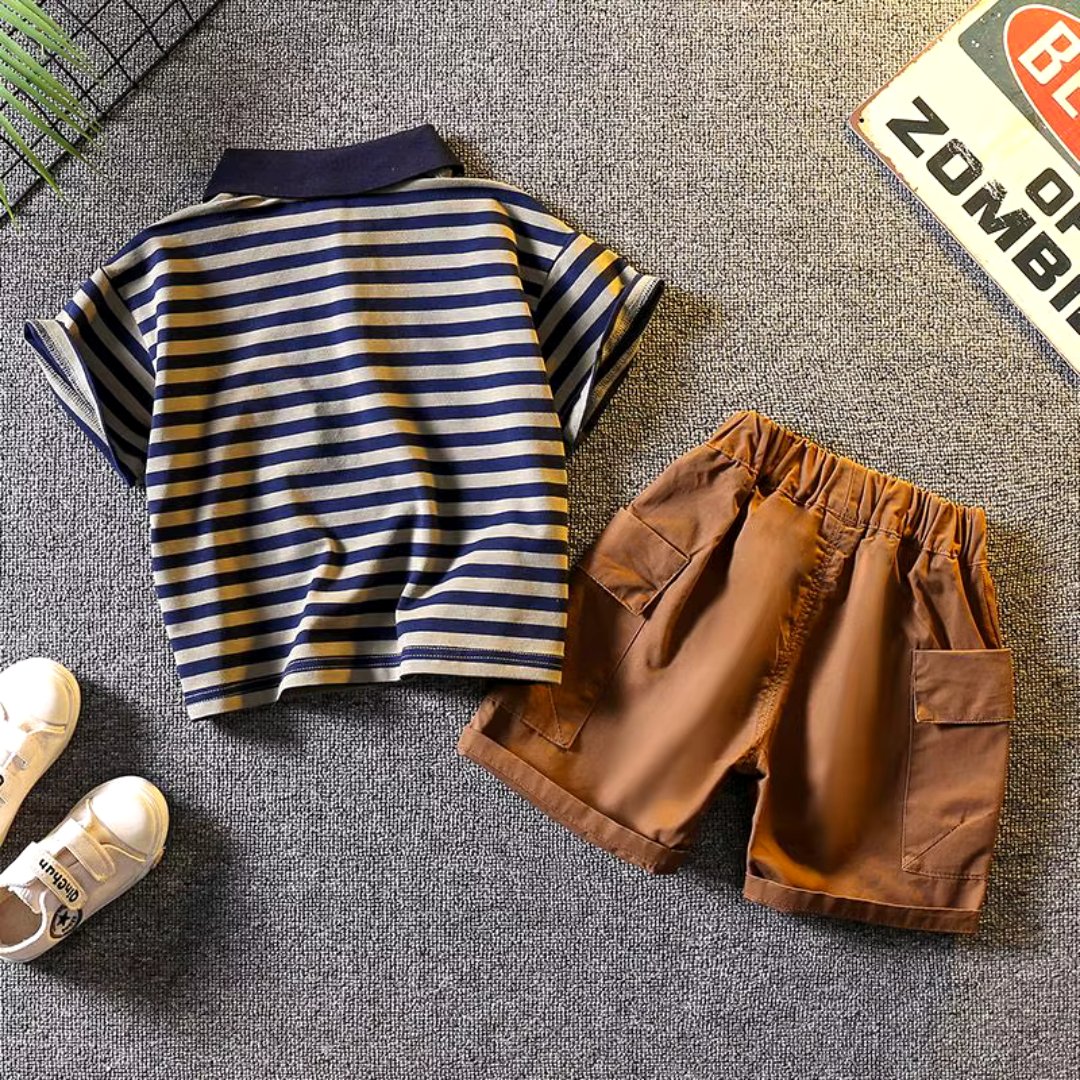Conjunto Infantil Masculino Gola Polo Listrada e Shorts - 12 Meses a 5 Anos - Varialle