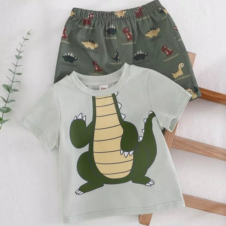 Conjunto Infantil Menino Dinossauro Verde e Short Estampado 6M a 3A