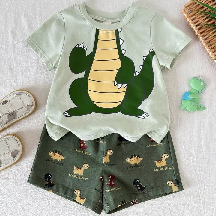 Conjunto Infantil Menino Dinossauro Verde e Short Estampado 6M a 3A