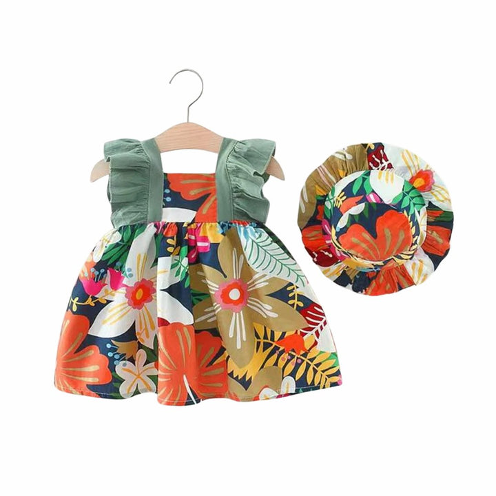 Conjunto Verão Bebê Menina: Vestido e Chapéu Estampa Tropical - 9 Meses a 3 Anos | LANÇAMENTO BLACK FRIDAY - Varialle