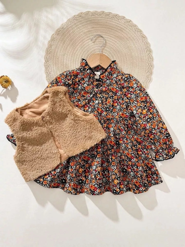Conjunto Vestido Floral Outono com Colete de Pelinhos 6M a 3A
