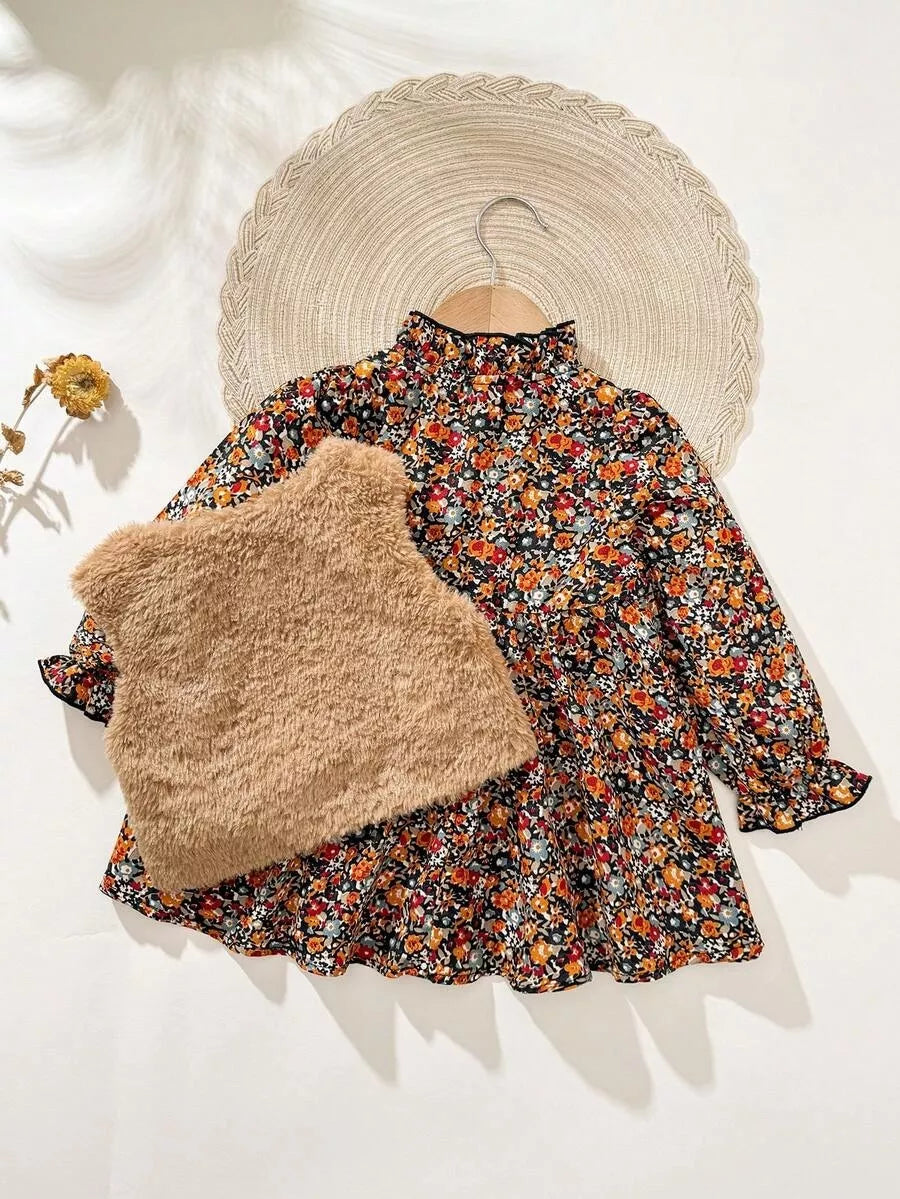 Conjunto Vestido Floral Outono com Colete de Pelinhos 6M a 3A