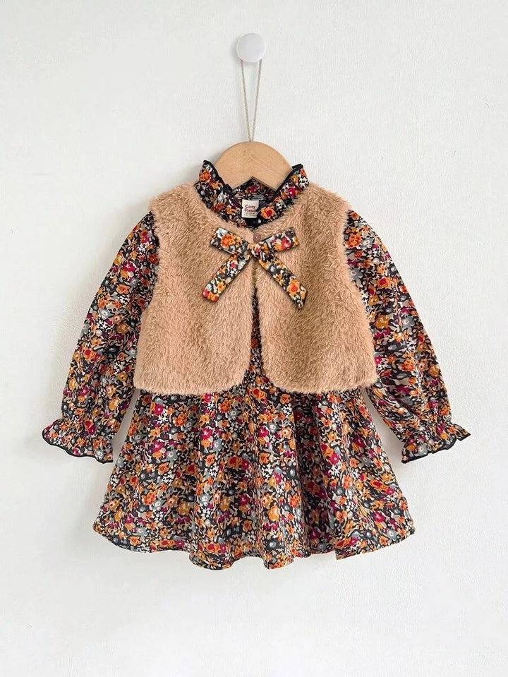 Conjunto Vestido Floral Outono com Colete de Pelinhos 6M a 3A