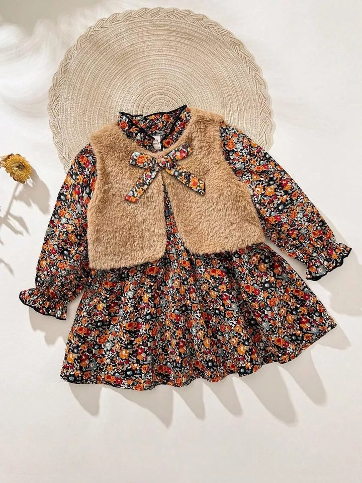 Conjunto Vestido Floral Outono com Colete de Pelinhos 6M a 3A