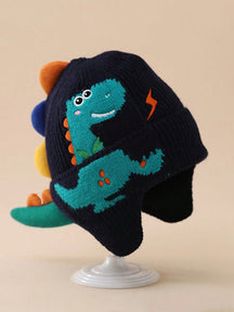 Criança usando gorro de dinossauro infantil de tricô, ideal para o inverno Varialle