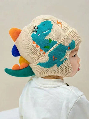 Criança usando gorro de dinossauro infantil de tricô, ideal para o inverno Varialle