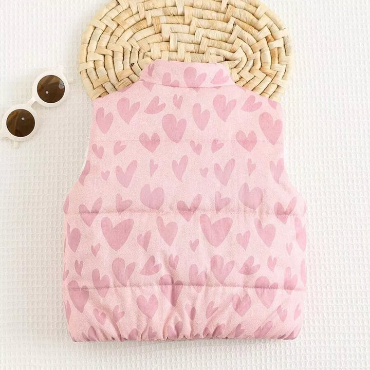 Jaqueta Puffer Sem Manga Infantil Feminina Forrada Estampa de Corações 6M a 3A