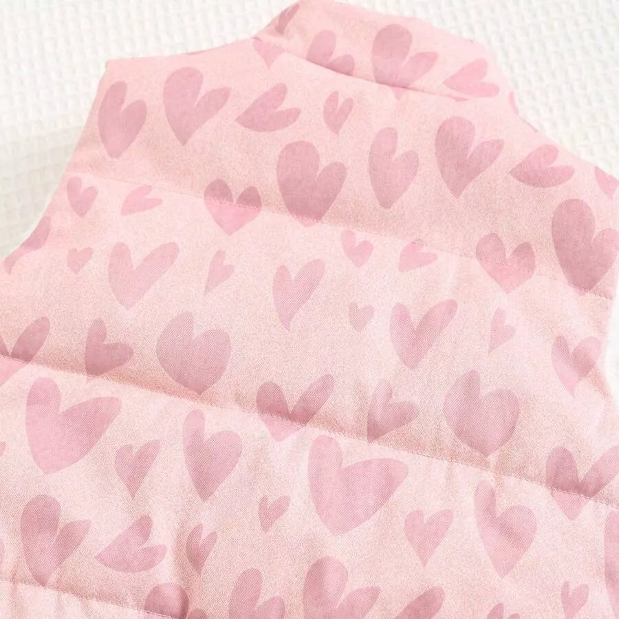 Jaqueta Puffer Sem Manga Infantil Feminina Forrada Estampa de Corações 6M a 3A