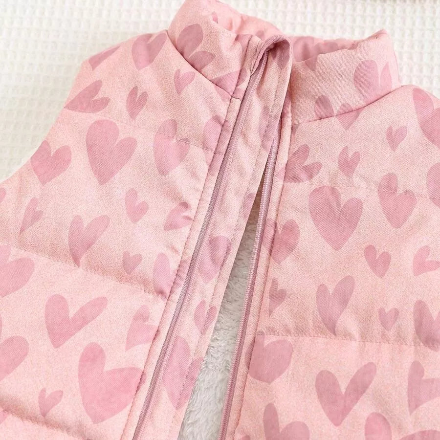 Jaqueta Puffer Sem Manga Infantil Feminina Forrada Estampa de Corações 6M a 3A