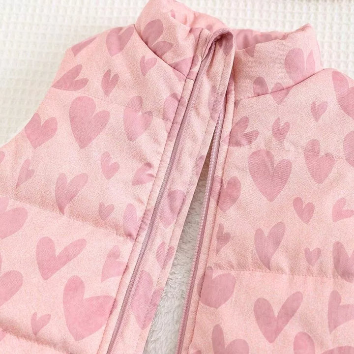 Jaqueta Puffer Sem Manga Infantil Feminina Forrada Estampa de Corações 6M a 3A