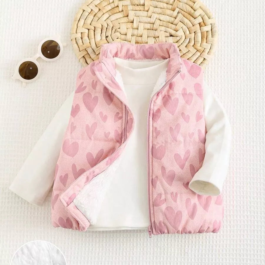 Jaqueta Puffer Sem Manga Infantil Feminina Forrada Estampa de Corações 6M a 3A