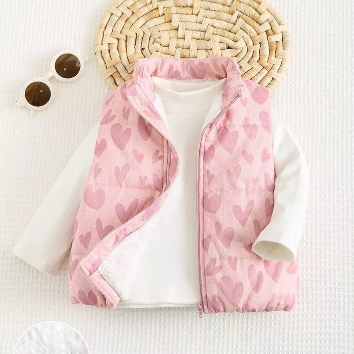 Jaqueta Puffer Sem Manga Infantil Feminina Forrada Estampa de Corações 6M a 3A