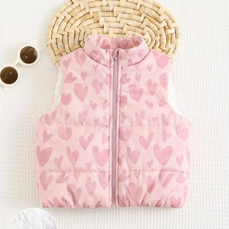 Jaqueta Puffer Sem Manga Infantil Feminina Forrada Estampa de Corações 6M a 3A