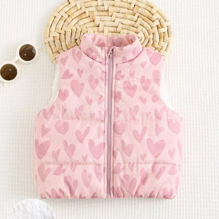 Jaqueta Puffer Sem Manga Infantil Feminina Forrada Estampa de Corações 6M a 3A