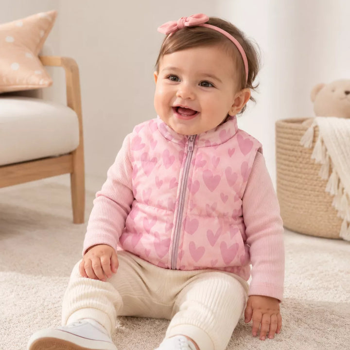 Jaqueta Puffer Sem Manga Infantil Feminina Forrada Estampa de Corações 6M a 3A