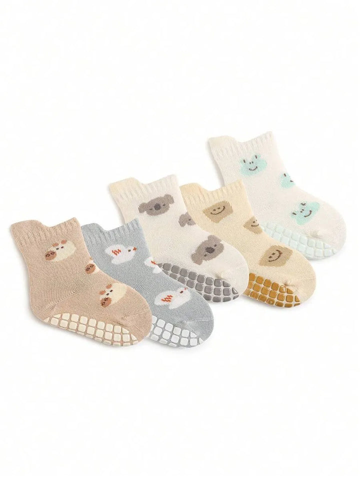 kit com 5 pares de meias antiderrapantes para bebê com estampa de bichinhos coloridos Varialle