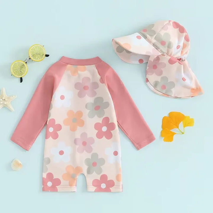 Maiô Infantil Unissex com Zíper - Estampas Coloridas e Chapéu 0 a 3 Anos - Varialle