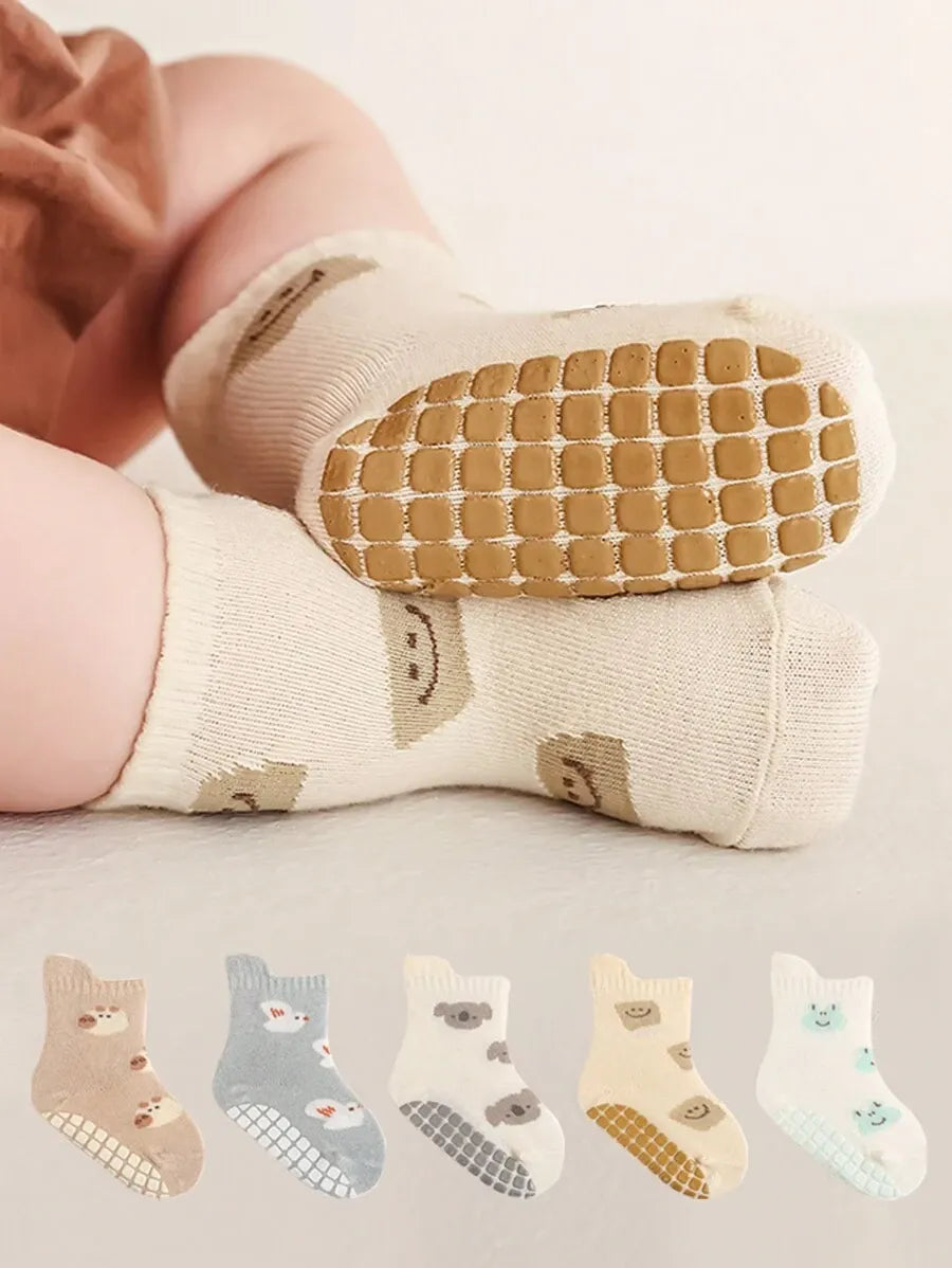 kit com 5 pares de meias antiderrapantes para bebê com estampa de bichinhos coloridos Varialle