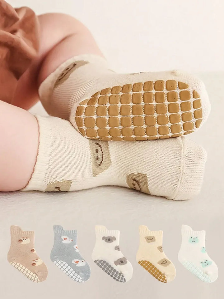 kit com 5 pares de meias antiderrapantes para bebê com estampa de bichinhos coloridos Varialle