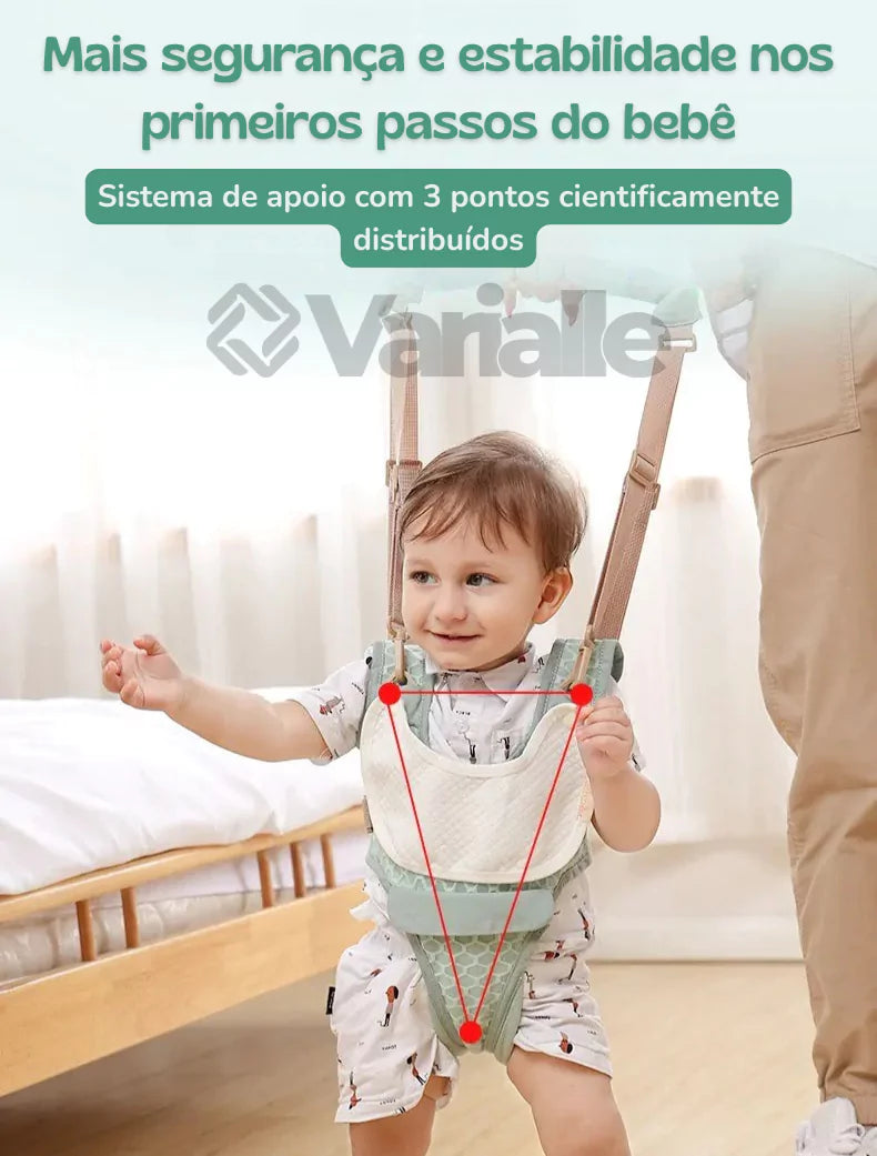 Sistema de apoio com três pontos do Passinhos Baby garantindo segurança nos primeiros passos.