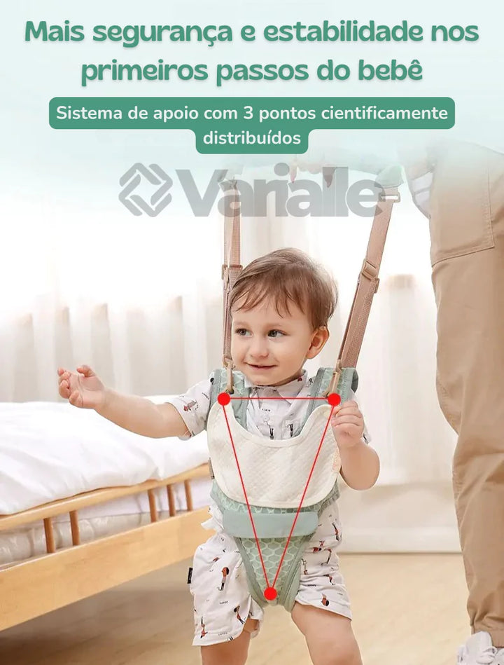 Sistema de apoio com três pontos do Passinhos Baby garantindo segurança nos primeiros passos.
