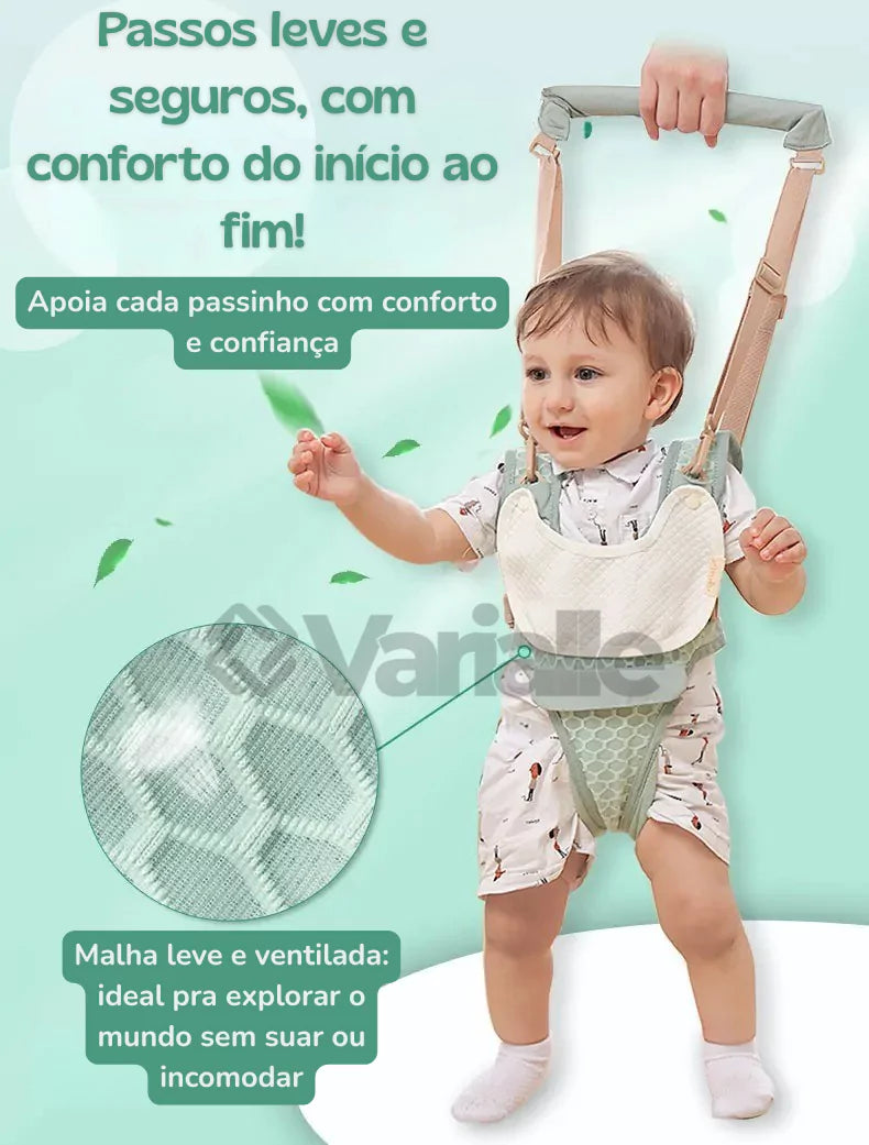 Bebê aprendendo a andar com suporte confortável e tecido respirável da Varialle.