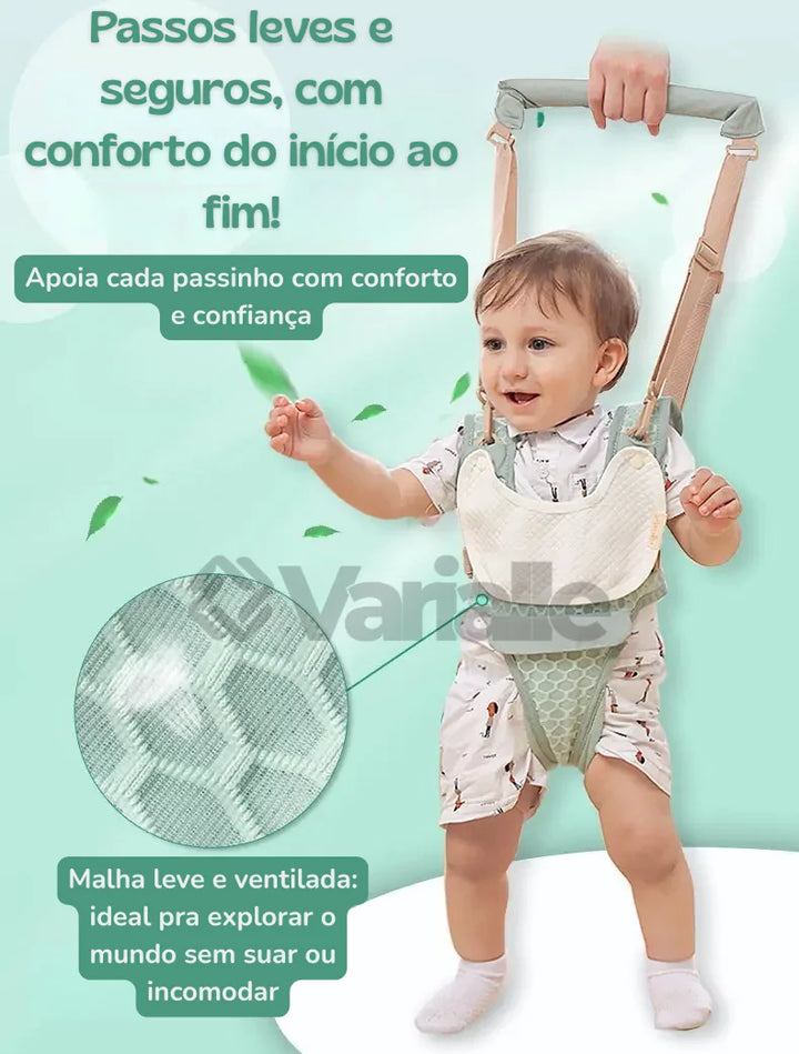 Bebê aprendendo a andar com suporte confortável e tecido respirável da Varialle.