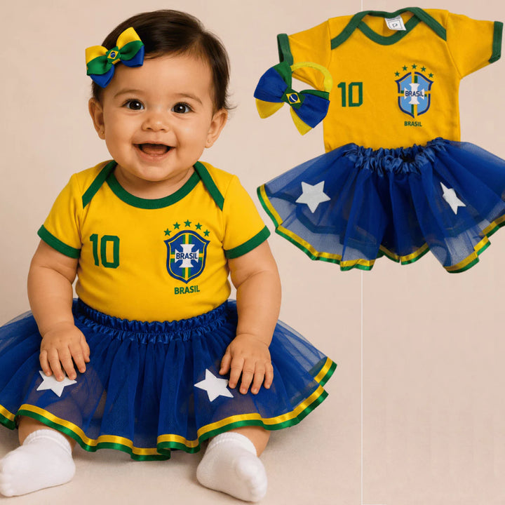 Roupinha Bebê Seleção Brasileira Menina Tule e Laço 0 a 12 Meses