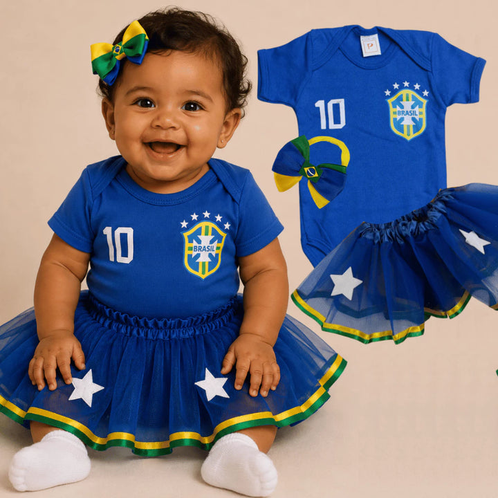 Roupinha Bebê Seleção Brasileira Menina Tule e Laço 0 a 12 Meses