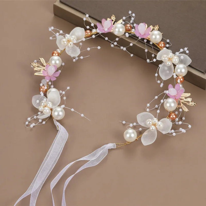 Tiara Infantil Ajustável de Pérolas e Flores - Varialle