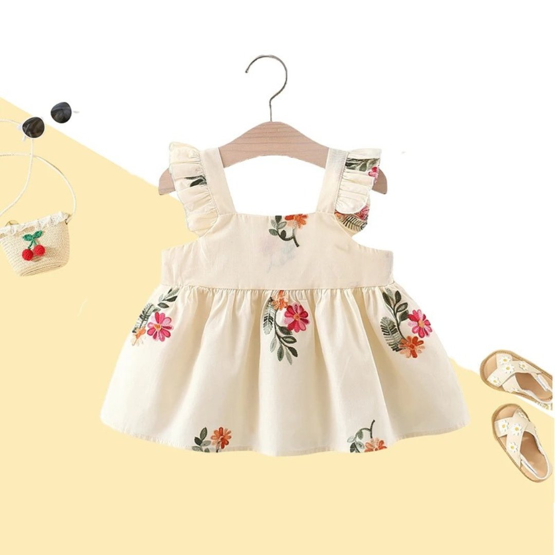 Vestido de Verão Floral para Meninas 0 a 3 Anos - Manga Voadora e Bordado | LANÇAMENTO BLACK FRIDAY - Varialle