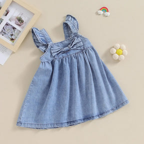 Vestido Infantil Jeans Denim com Aplique de Laço para Meninas - 12 Meses a 4 Anos - Varialle