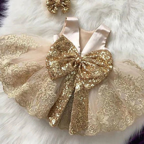 Vestido Princesa Dourado com Lantejoulas e Laço - Varialle