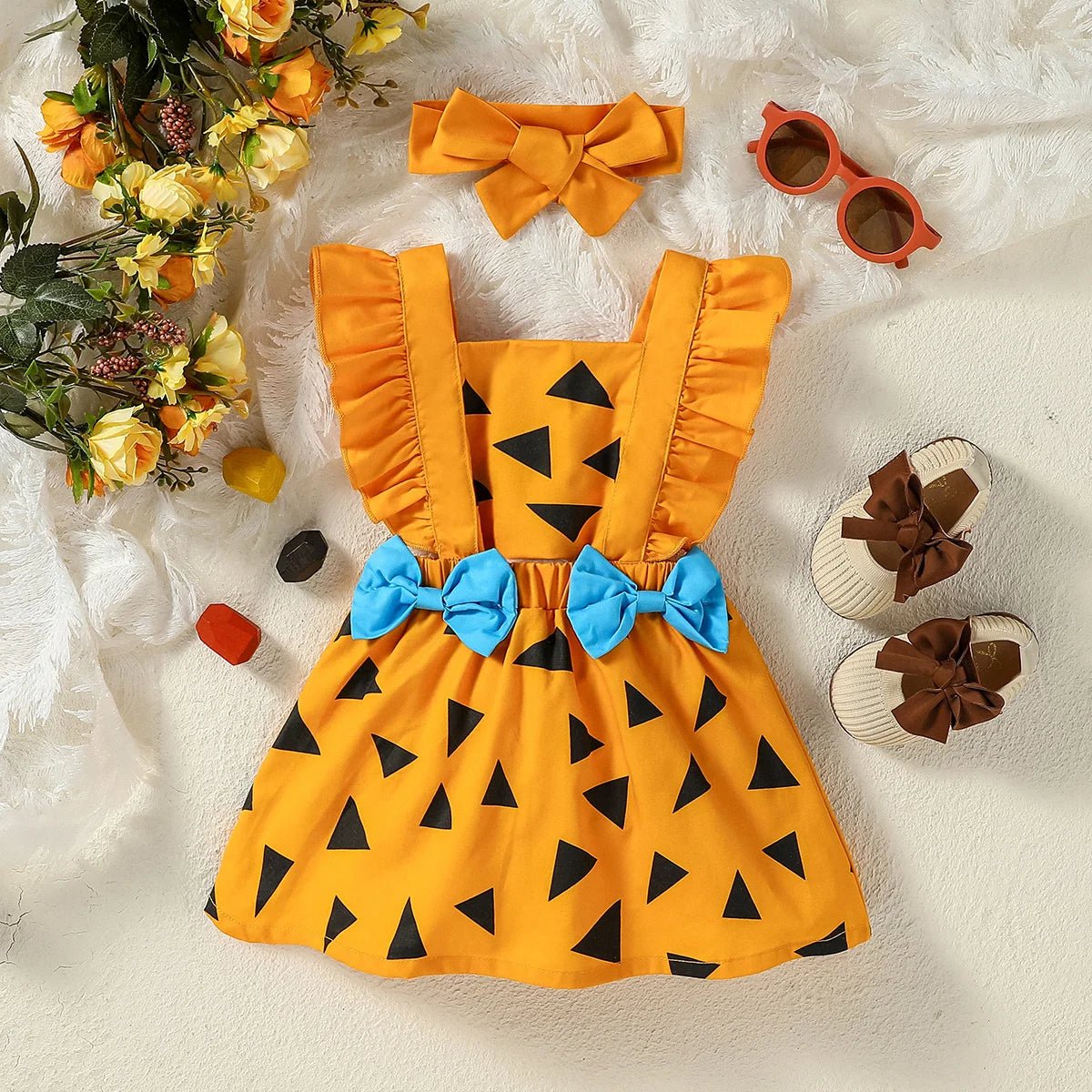 Vestido Vintage Infantil Geométrico com Laço e Colarinho Quadrado - Varialle